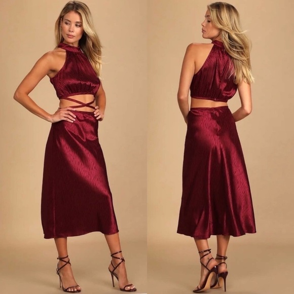 NWT LULU'S Fierce Vision Red Jacquard Print Satin Cutout Midi Dress Small - Picture 1 of 10